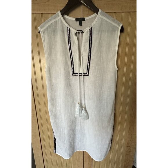 J Crew White Cotton Swim Cover Up Sz XXS V Neck Gauzy Navy Blue Trim Tie Tassels - Picture 8 of 8